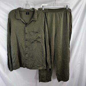 LAHGO Dark Green Silk Pajamas Set Button up Top Pants Size XL Mens